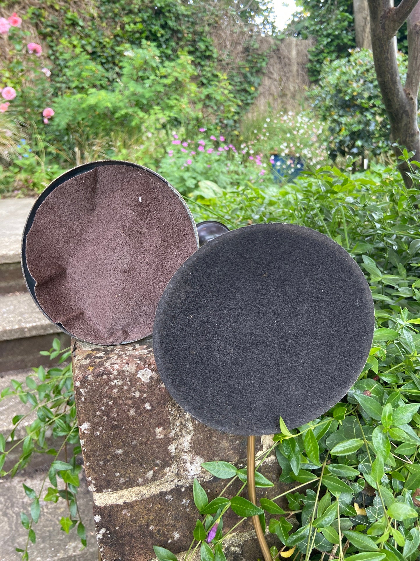Vintage pair of metallic black and subtle gold lamps - working condition; pair vintage table lamps, black and tarnished metal look