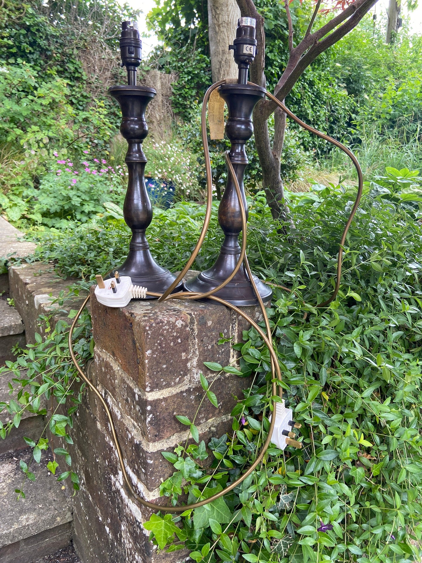Vintage pair of metallic black and subtle gold lamps - working condition; pair vintage table lamps, black and tarnished metal look