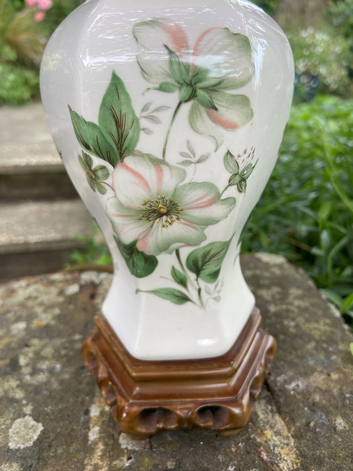 Smaller vintage Oriental Chinese Style Ginger Jar Ceramic Vintage Table Lamp - white with cherry blossoms and a carved resin wooden base