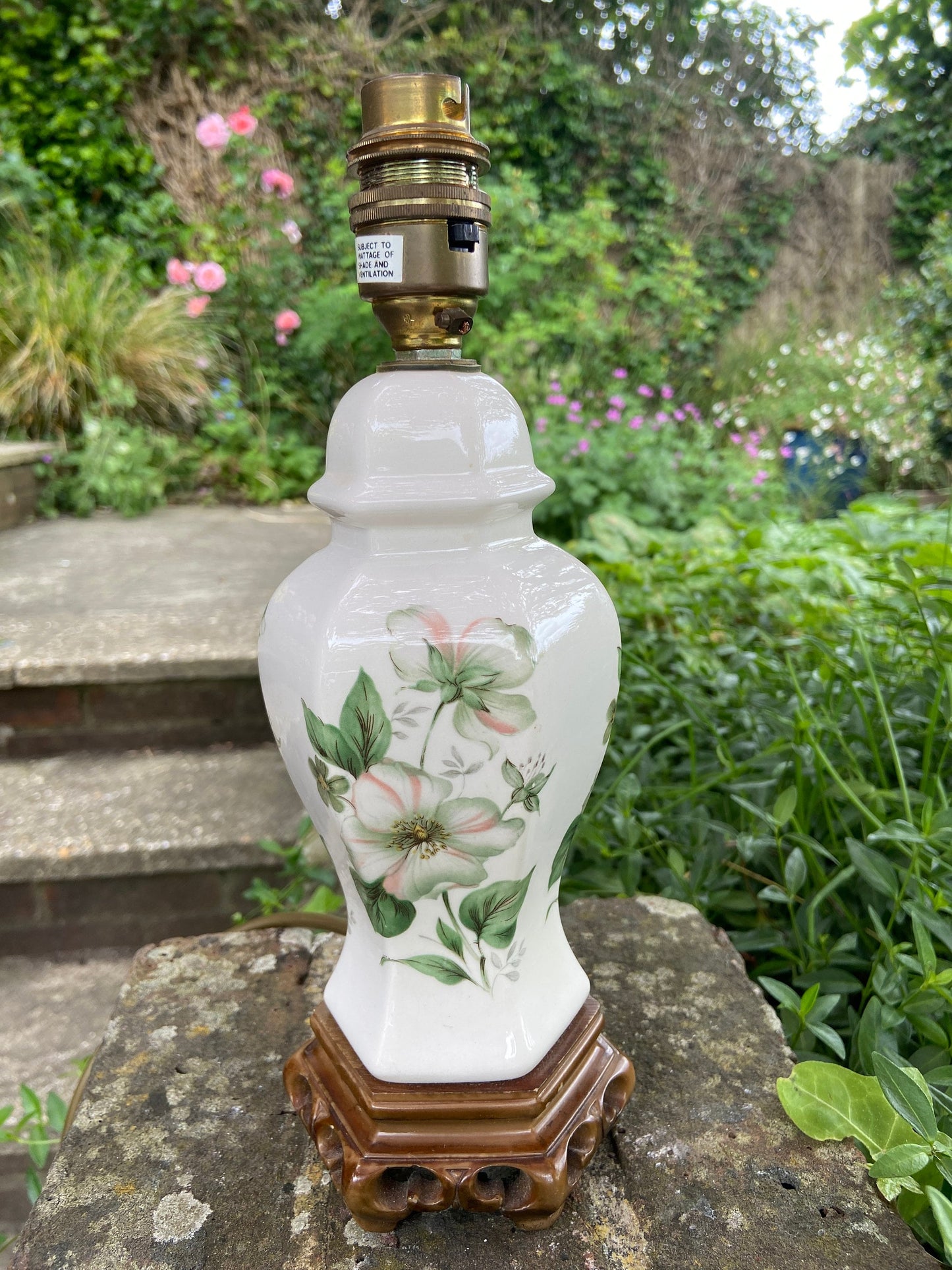 Smaller vintage Oriental Chinese Style Ginger Jar Ceramic Vintage Table Lamp - white with cherry blossoms and a carved resin wooden base