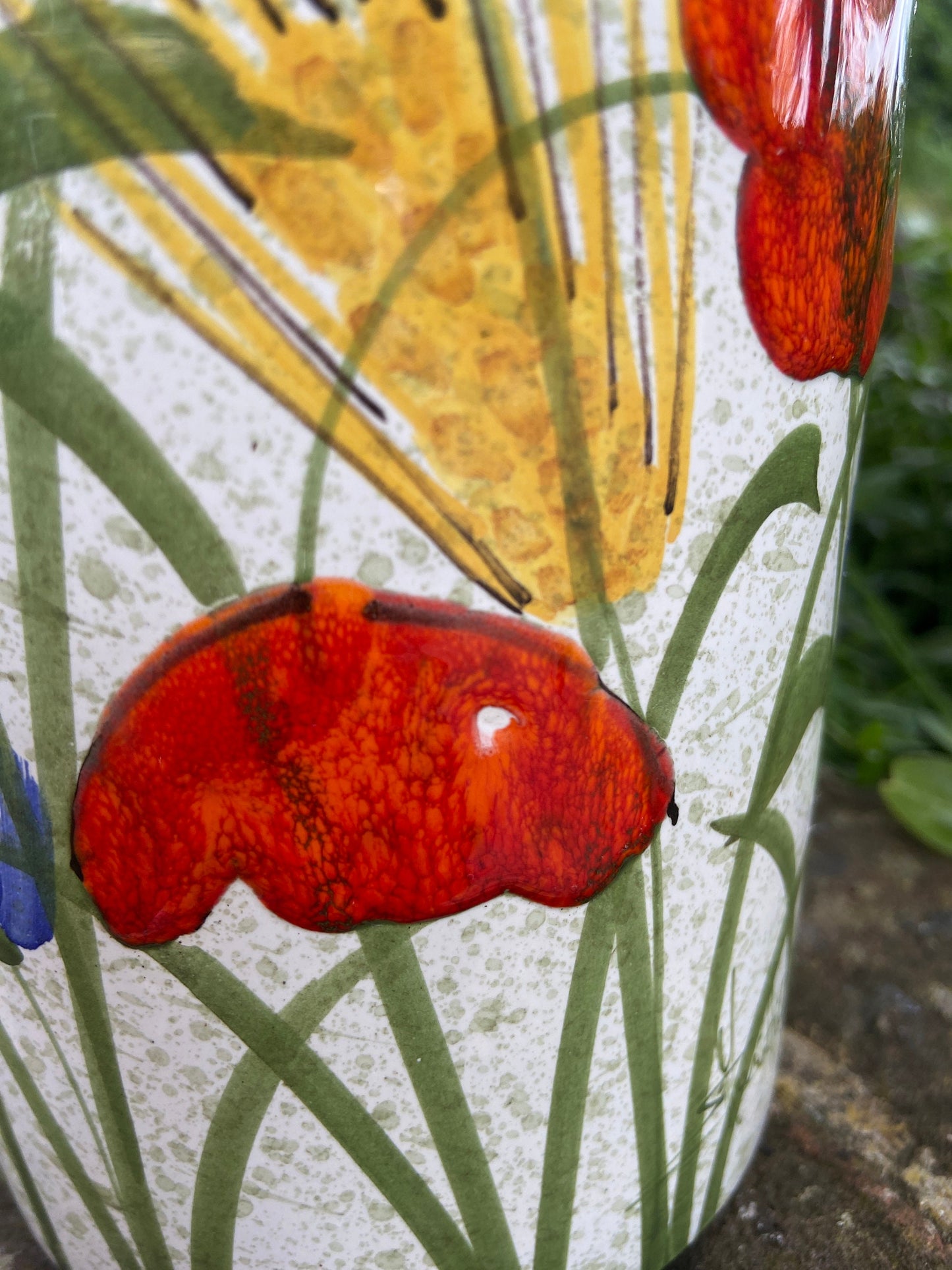 Hand painted spring flower utensils jar or vase - glazed ceramic, vgc, signed - poppies, cornflowers, corn