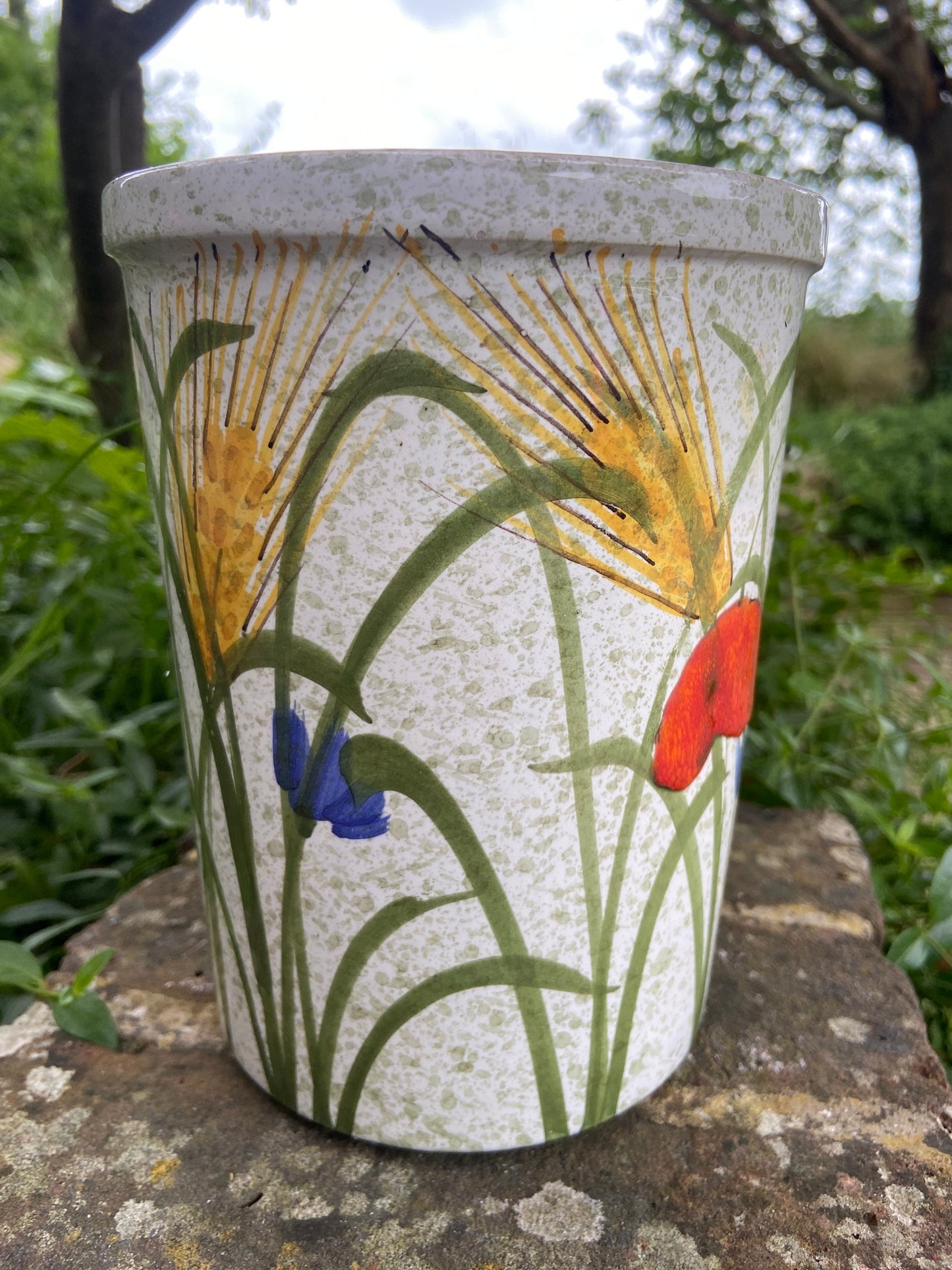 Hand painted spring flower utensils jar or vase - glazed ceramic, vgc, signed - poppies, cornflowers, corn