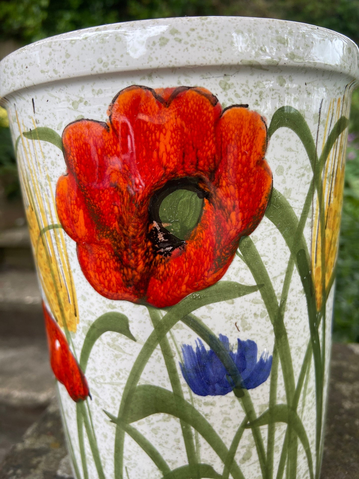 Hand painted spring flower utensils jar or vase - glazed ceramic, vgc, signed - poppies, cornflowers, corn