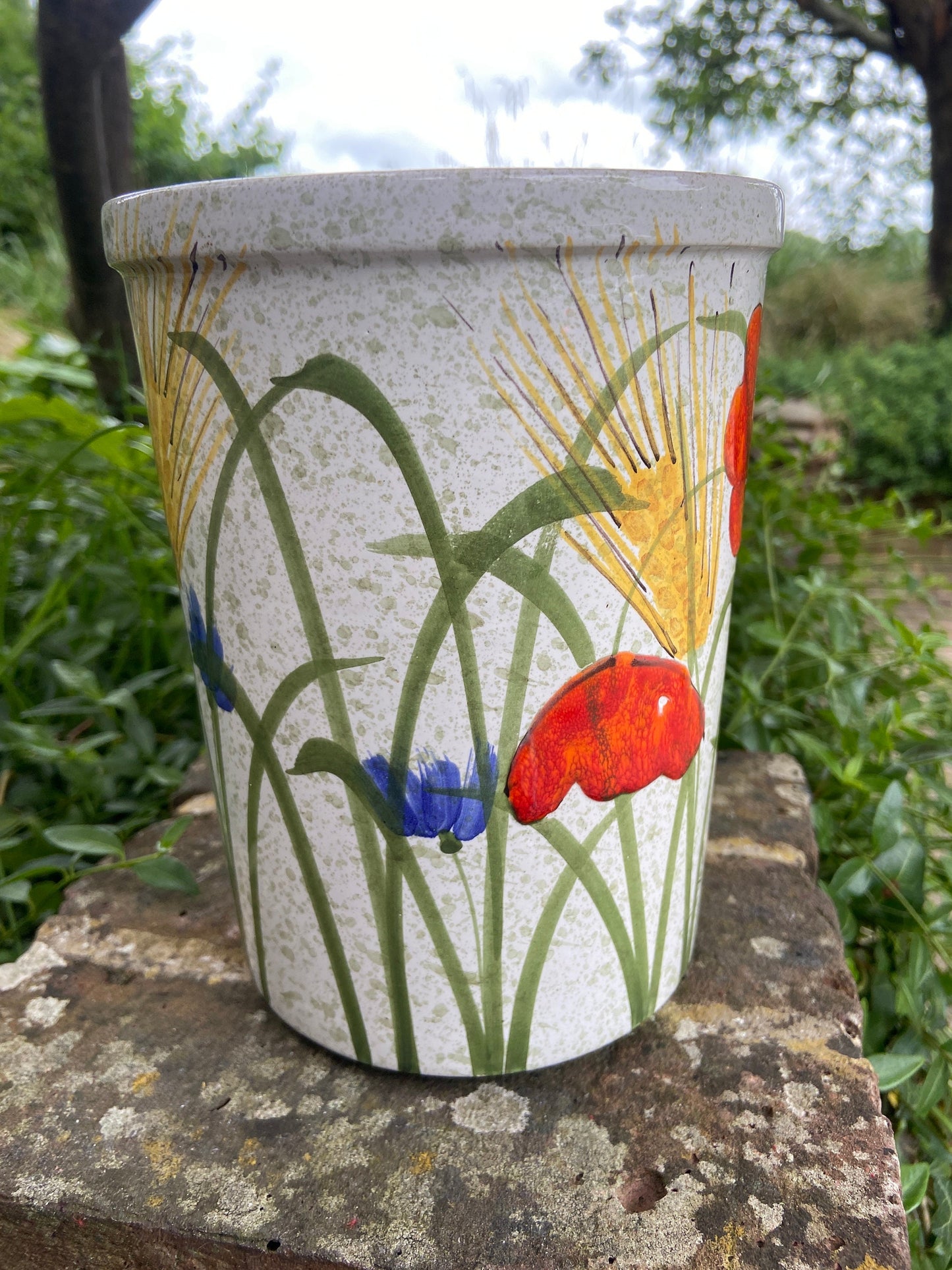 Hand painted spring flower utensils jar or vase - glazed ceramic, vgc, signed - poppies, cornflowers, corn