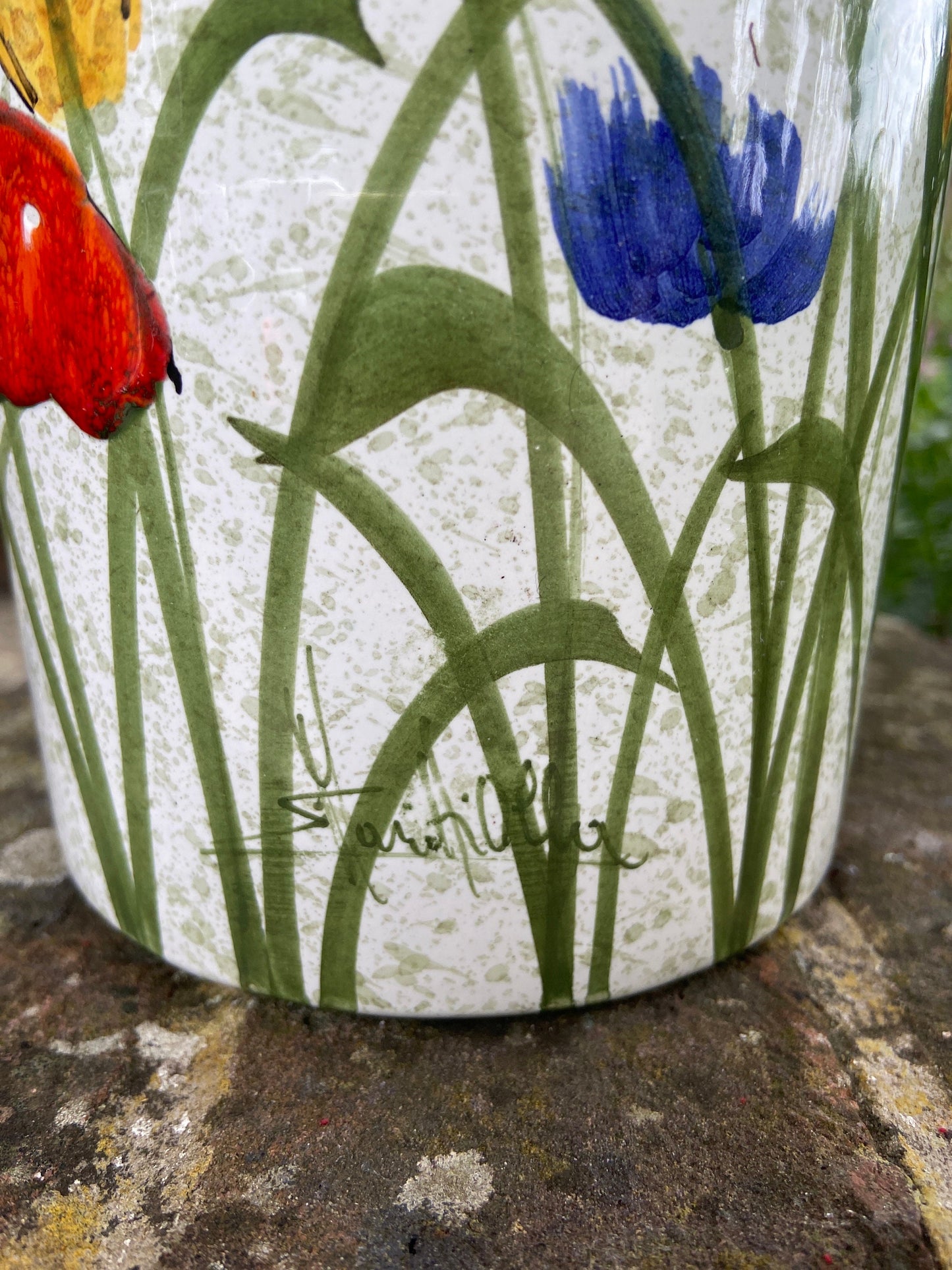 Hand painted spring flower utensils jar or vase - glazed ceramic, vgc, signed - poppies, cornflowers, corn