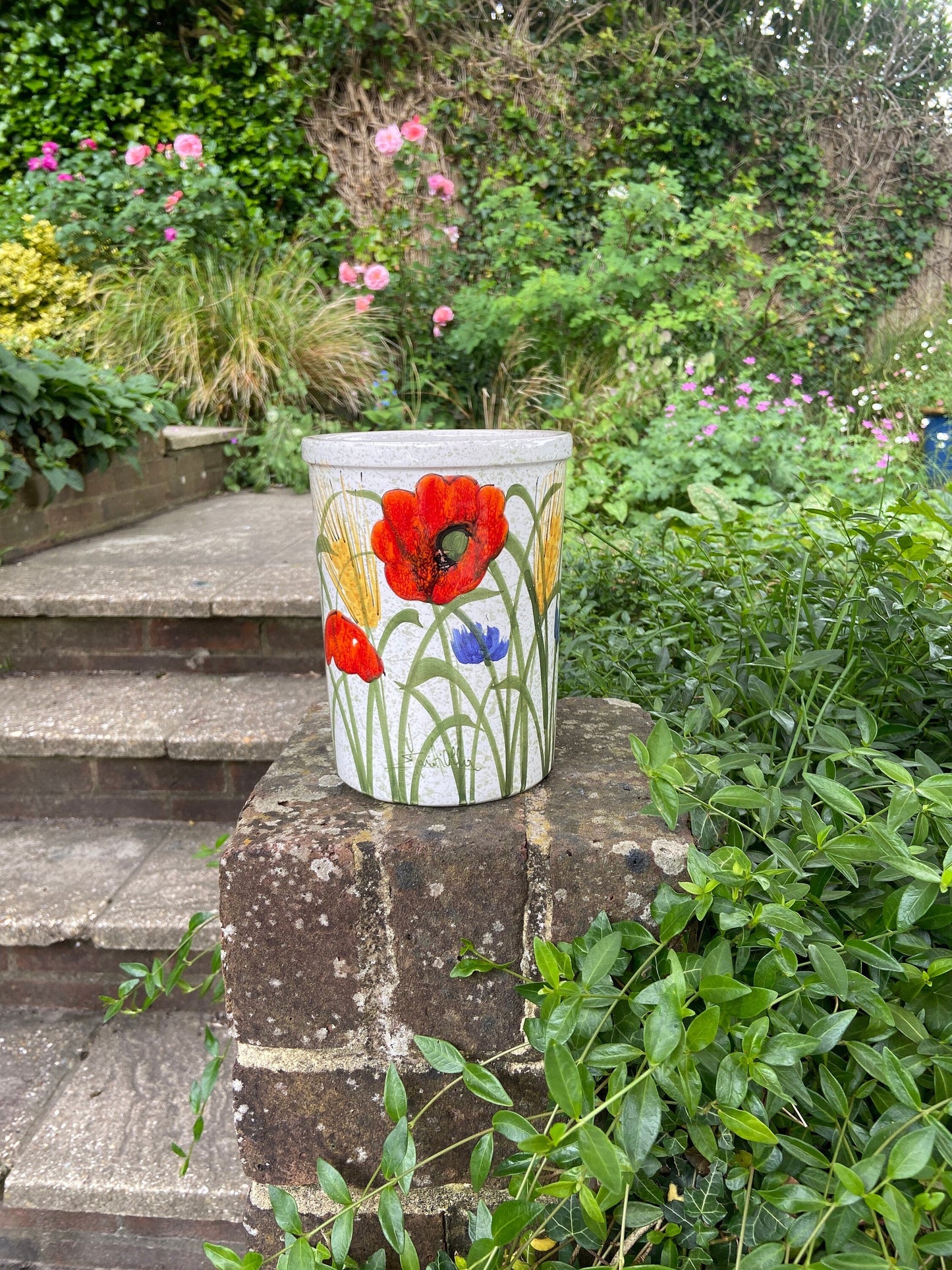 hand painted ceramic pottery jar for utensils storage or even as a vase; beautiful handpainted spring flowers including poppies, cornflowers, corn ears. signed by artist