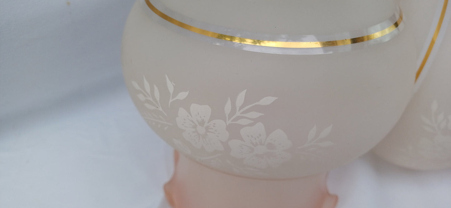 Pair of Vintage 80s Victorian Style Lampshades Pink Gold Floral Etched Effect