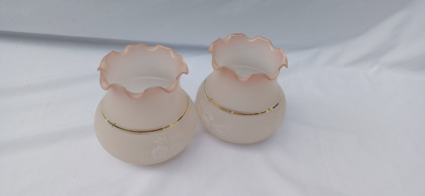 Pair of Vintage 80s Victorian Style Lampshades Pink Gold Floral Etched Effect