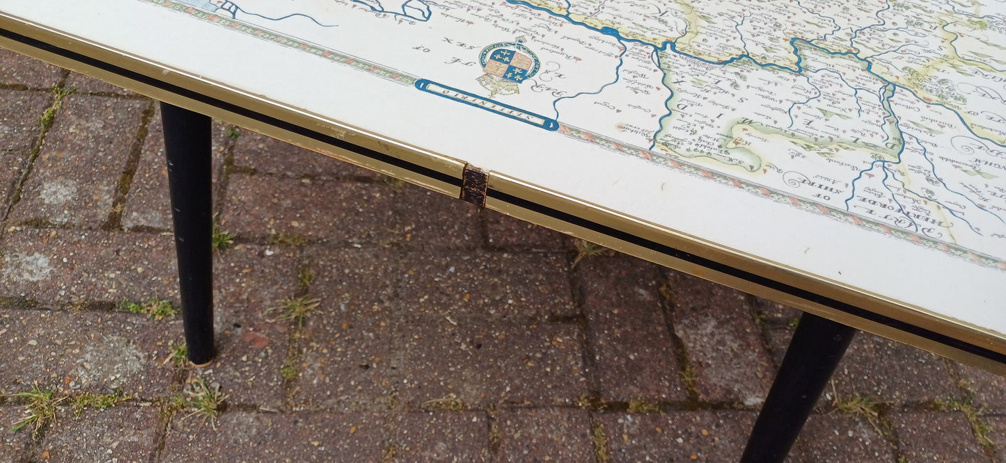 Vintage Retro Caxton Map 60s Coffee Table Saxton’s Map of Kent, Sussex, Surrey and Middlesex, 1575.