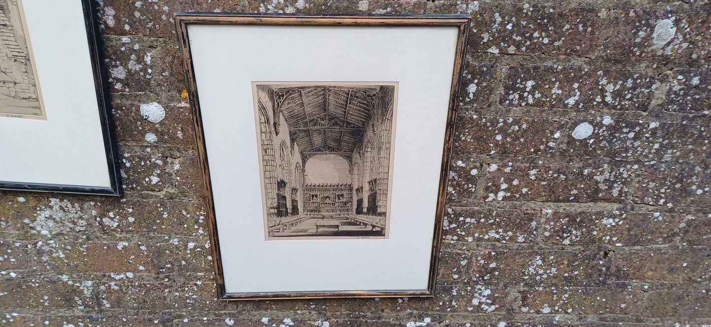 Three etchings by W Monk and R Snodgrass (signed). Late 1800s, early 1900s. National War Memorial of Scotland & two likely Oxbridge Colleges