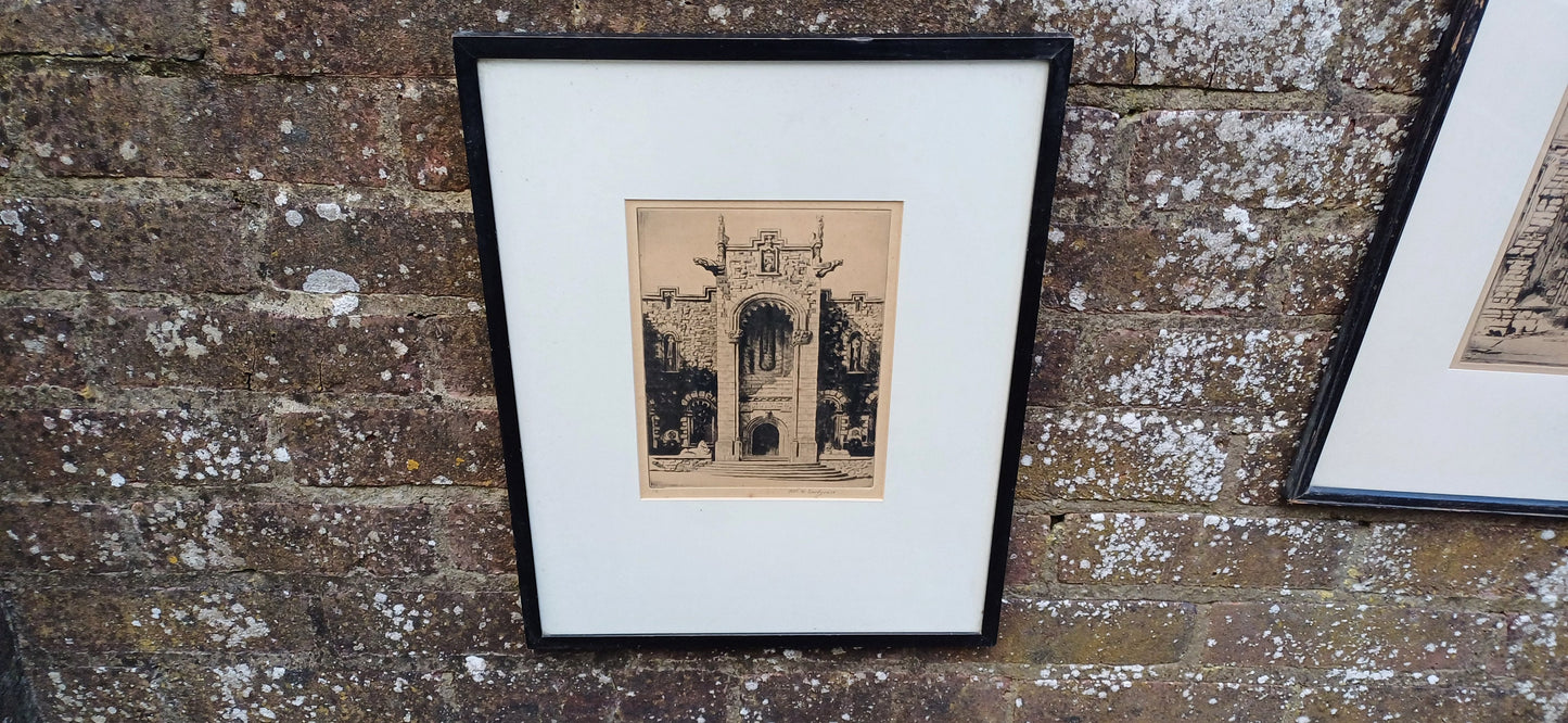 Three etchings by W Monk and R Snodgrass (signed). Late 1800s, early 1900s. National War Memorial of Scotland & two likely Oxbridge Colleges