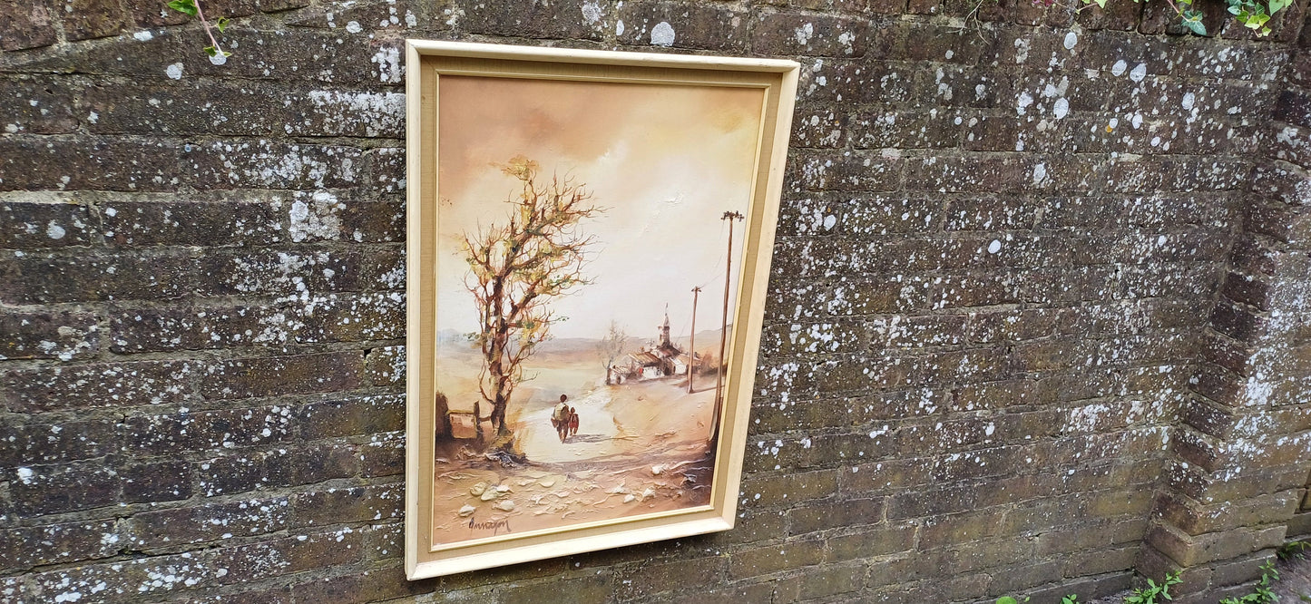 Original vintage retro large painting - oil and mixed media painting, signed painting in retro frame, children and village scene