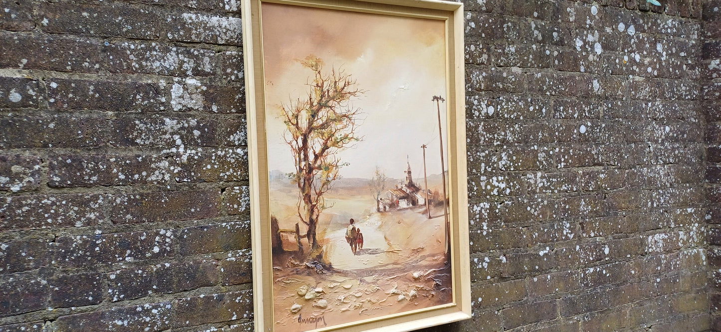 Original vintage retro large painting - oil and mixed media painting, signed painting in retro frame, children and village scene