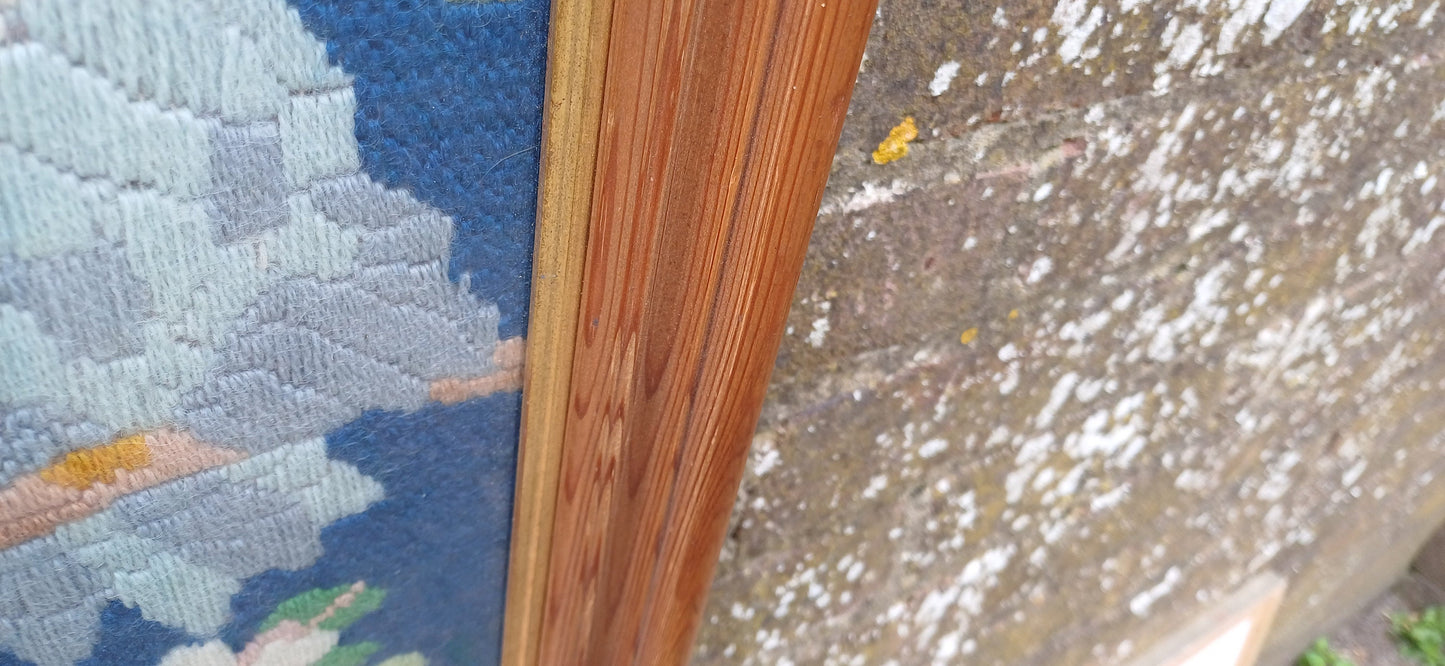 Framed vintage tapestry - woollen - pair of Owls; lovely blue colours; vintage tapestry needlework vintage embroidery; vintage craft work