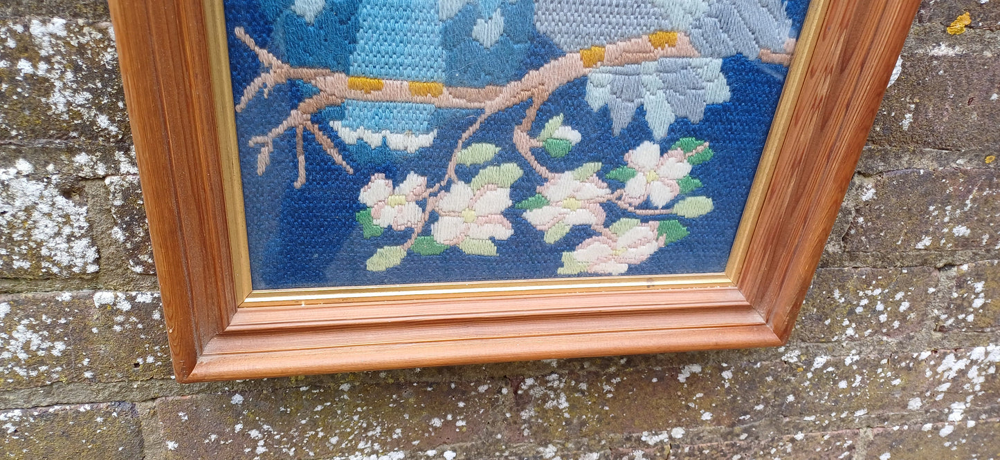 Framed vintage tapestry - woollen - pair of Owls; lovely blue colours; vintage tapestry needlework vintage embroidery; vintage craft work