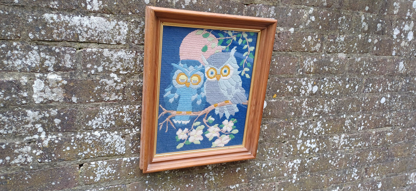 Framed vintage tapestry - woollen - pair of Owls; lovely blue colours; vintage tapestry needlework vintage embroidery; vintage craft work