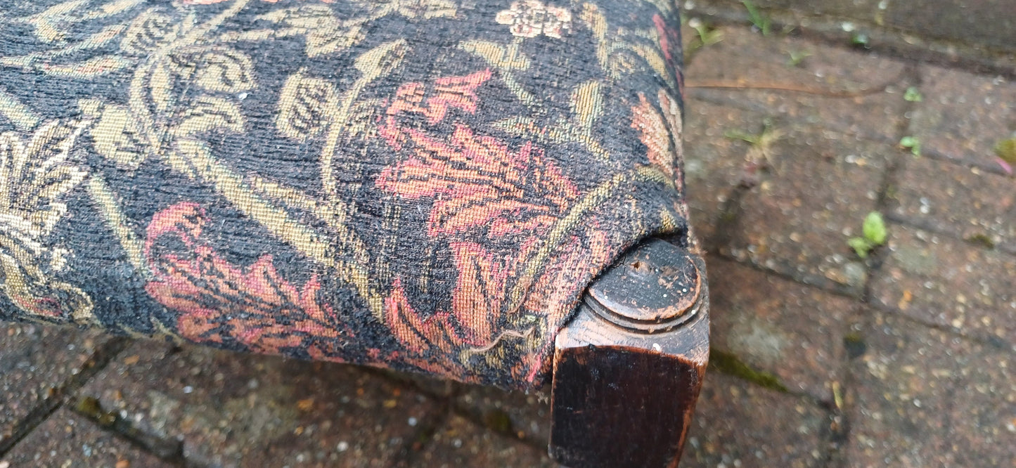 Vintage Early 20th Century Solid Oak Upholstered Stool Footstool
