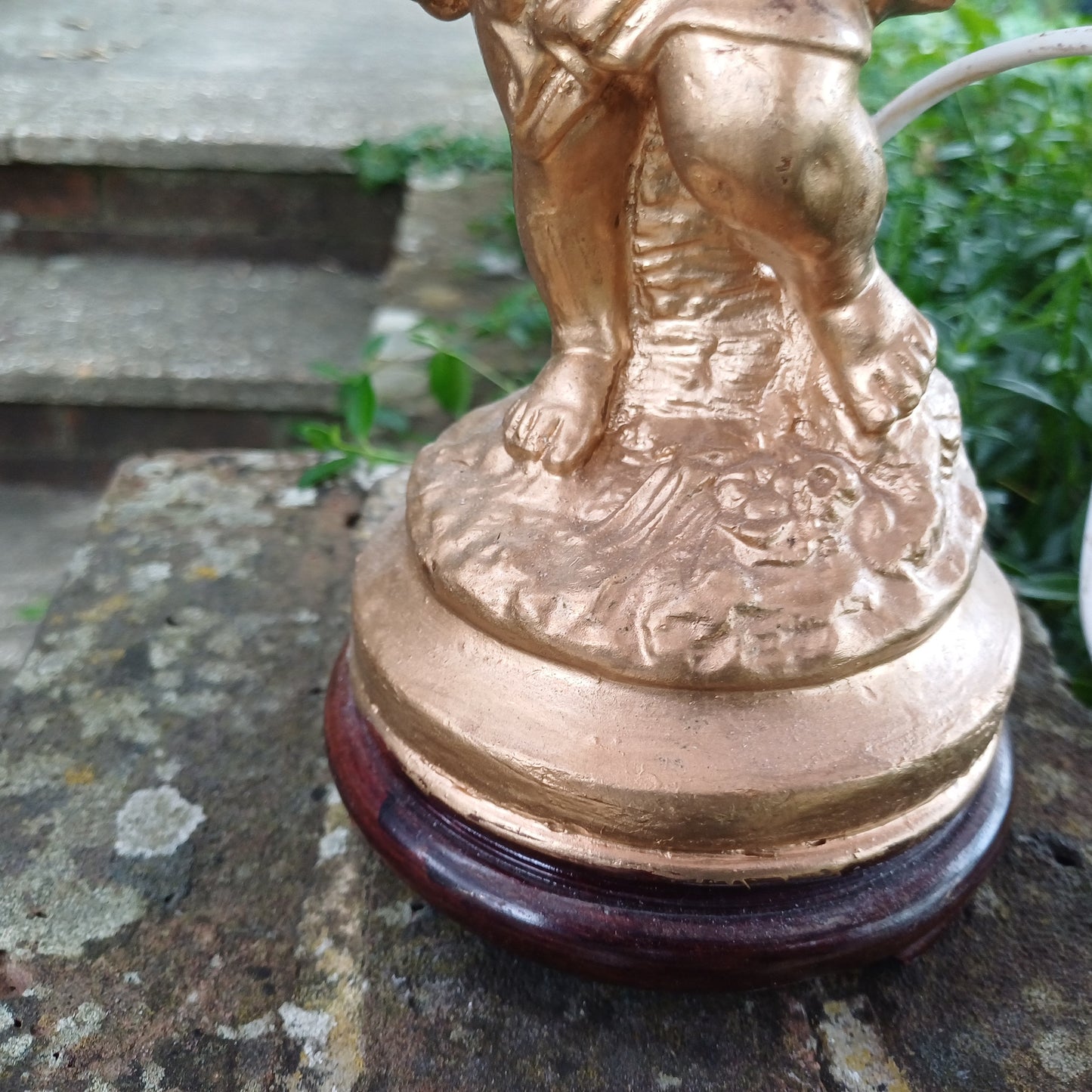 Vintage Cherub Gold Table Lamp with Early 20th Century Glass Lampshade.