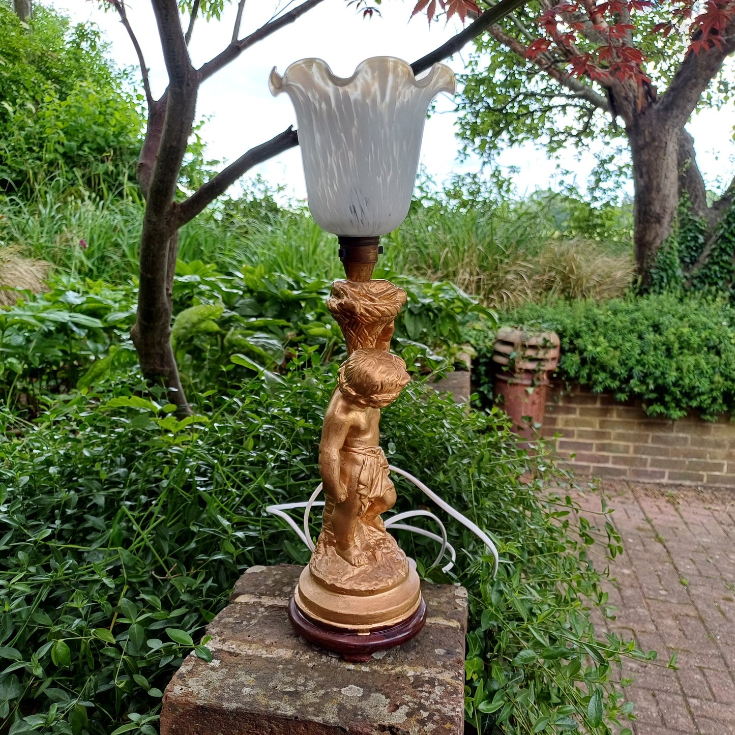 Vintage Cherub Gold Table Lamp with Early 20th Century Glass Lampshade.