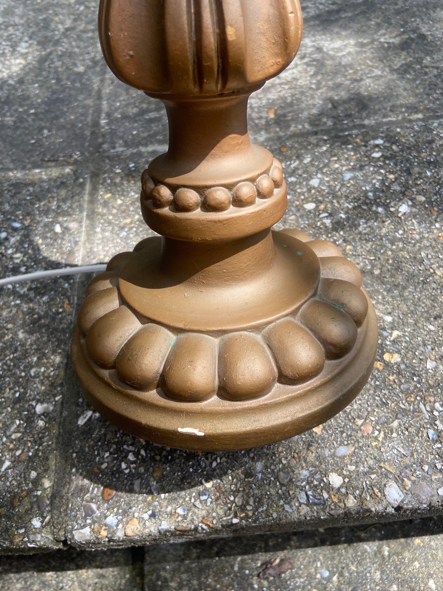 Tall retro vintage table lamp in antique gold - made of resin and painted; classic candelstick holder style, working, vgc