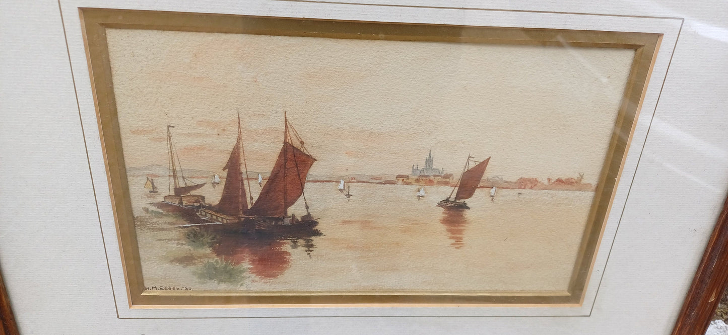 Antique watercolour of sail ships in a bay, by W.M. Essex - original vintage painting in vintage glazed framed, likely 1920s
