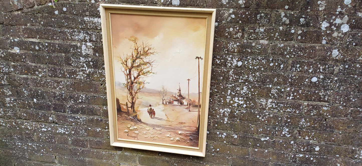 large original oil painting with some relief detail. Subject appears to be a couple of children walking to school in a hot country climate. could depict Mexico. Well executed. Interesting and framed in a retro frame.