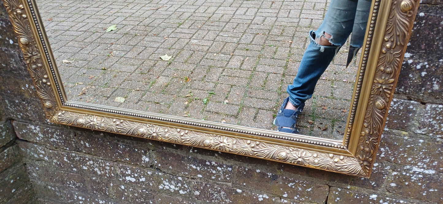 Huge Vintage Quality 80s Gold Gilt Wall Mirror Dark Highlights Wooden Frame Moulded Decoration