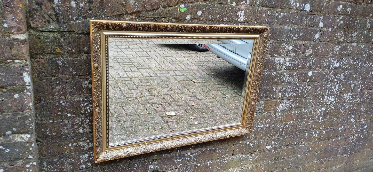 Huge Vintage Quality 80s Gold Gilt Wall Mirror Dark Highlights Wooden Frame Moulded Decoration