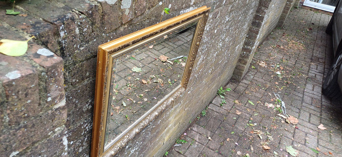 Huge Vintage Quality 80s Gold Gilt Wall Mirror Dark Highlights Wooden Frame Moulded Decoration
