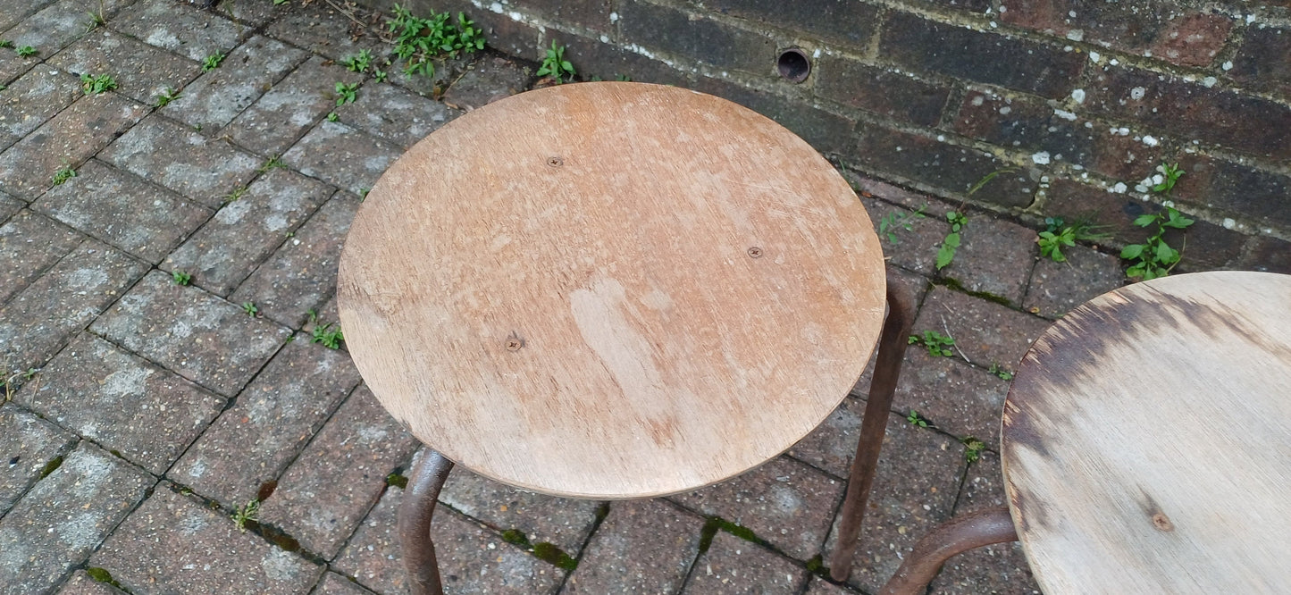 Delightful Pair of Age Worn Metal and Wooden Stools Plant Stands Wine Table Bedside Tables