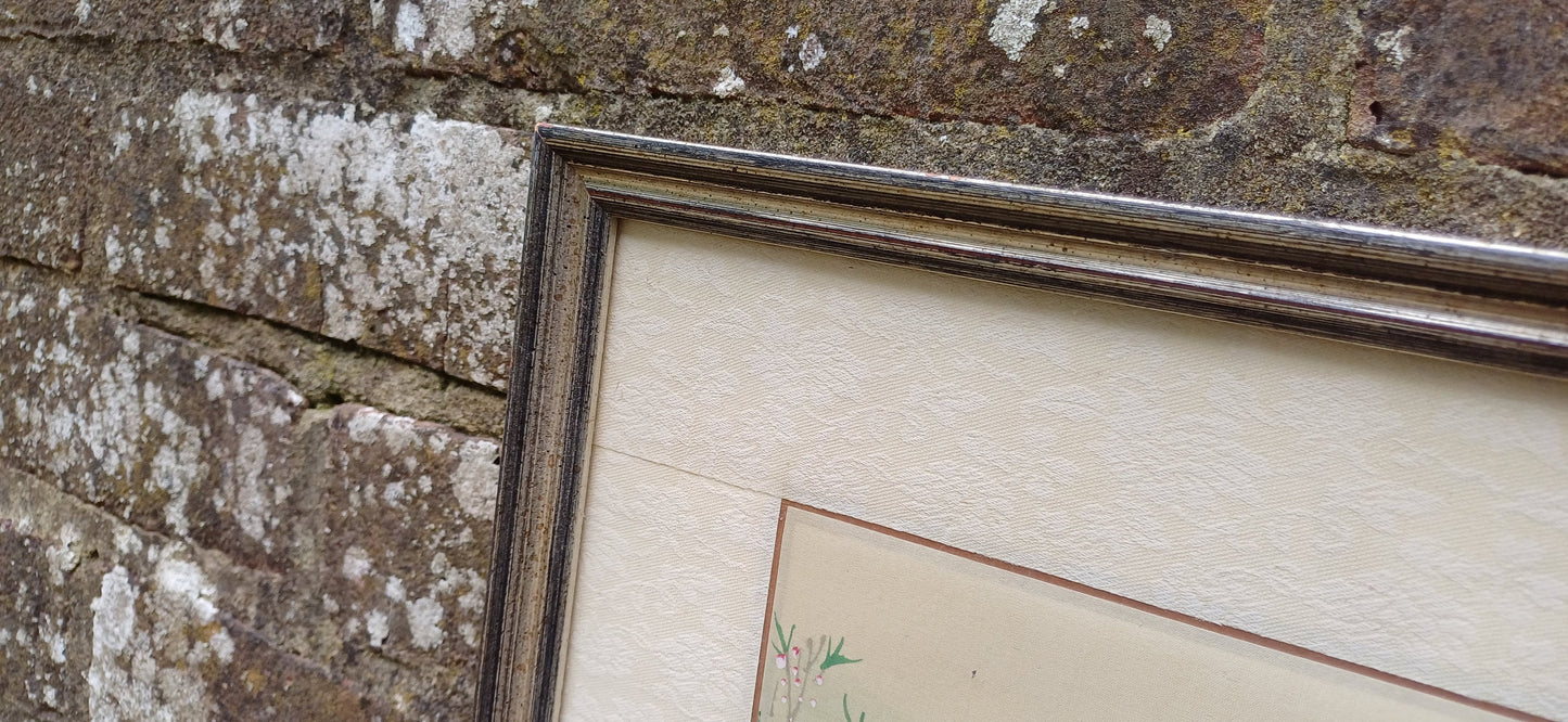 Vintage Japanese Art - painting on silk - Funeral Flowers - exquisite detail and quality, material mount and vintage glazed frame