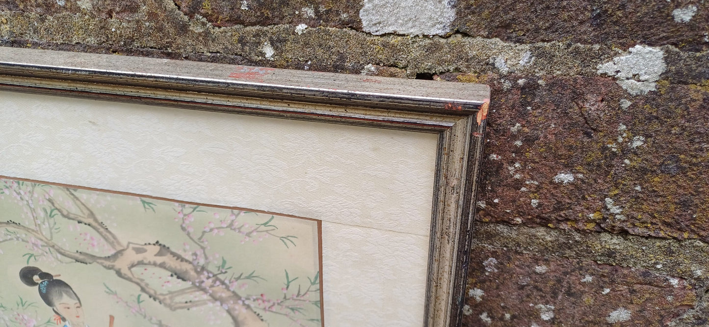 Vintage Japanese Art - painting on silk - Funeral Flowers - exquisite detail and quality, material mount and vintage glazed frame