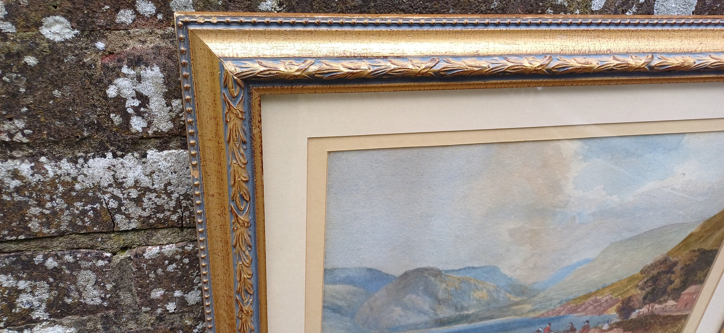 Original vintage watercolour of fishing scene, Wales Welsh valley and bay possibly? mountains sea, fishing, boats, original vintage painting