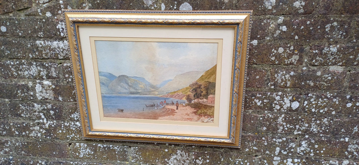 Original vintage watercolour of fishing scene, Wales Welsh valley and bay possibly? mountains sea, fishing, boats, original vintage painting