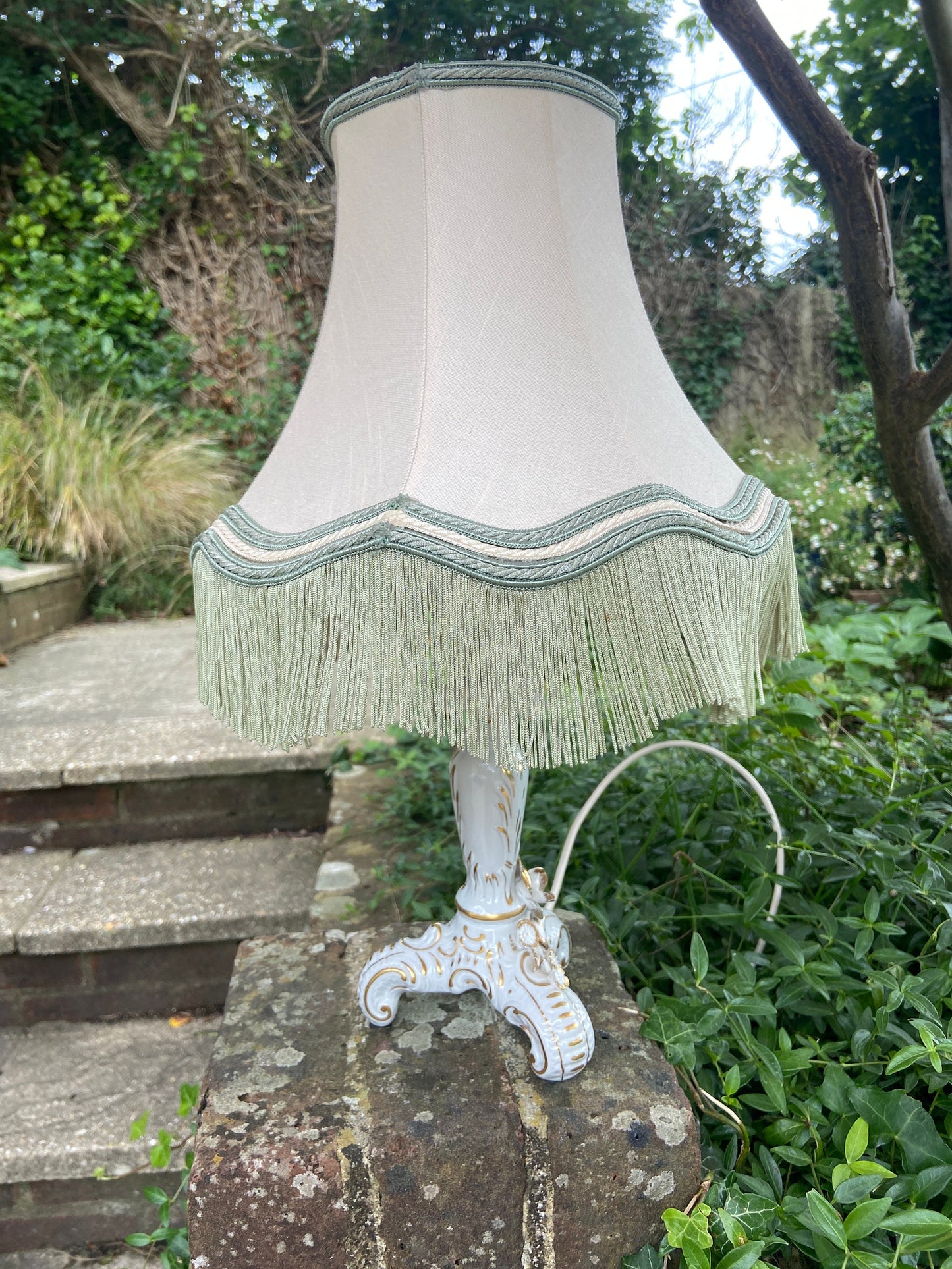 Vintage Dresden Porcelain Table Lamp with flower detail - handpainted 1817 Dresden, with vintage shade, working lamp