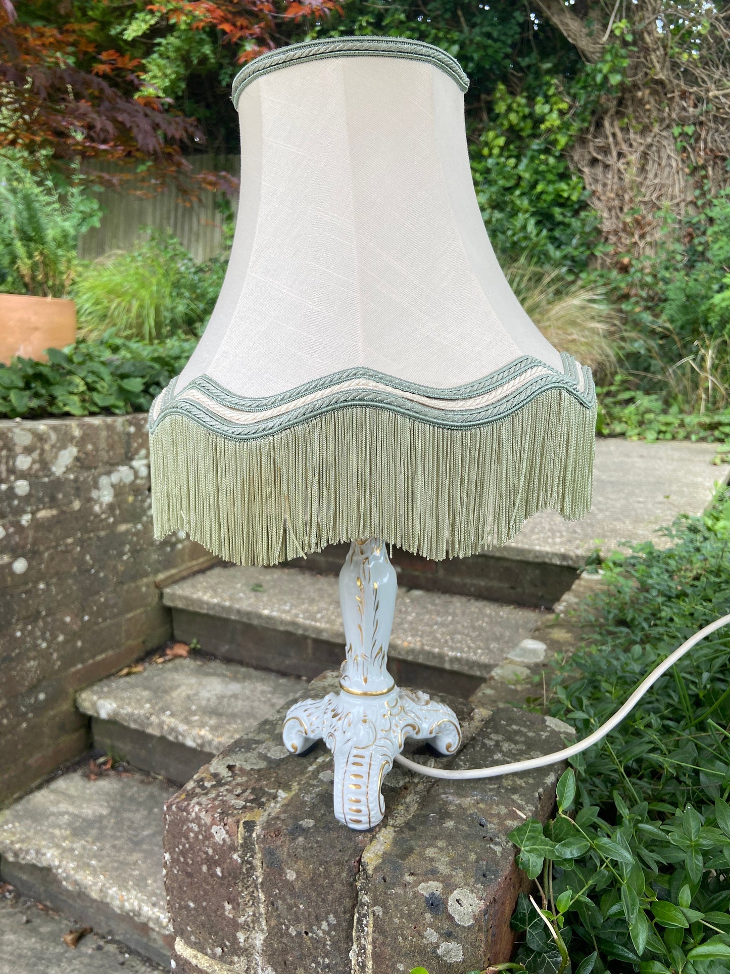 Vintage Dresden Porcelain Table Lamp with flower detail - handpainted 1817 Dresden, with vintage shade, working lamp