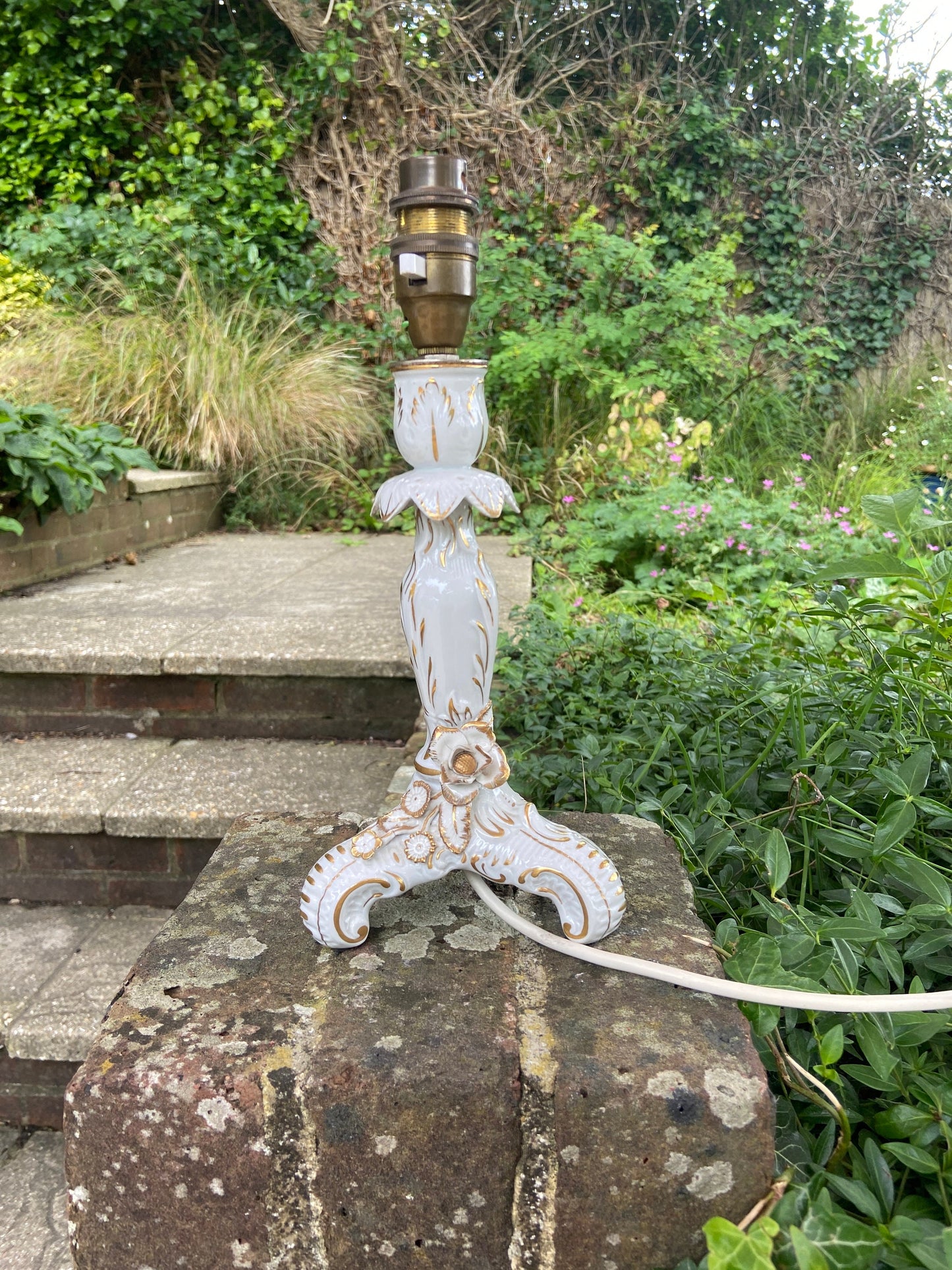 Vintage Dresden Porcelain Table Lamp with flower detail - handpainted 1817 Dresden, with vintage shade, working lamp
