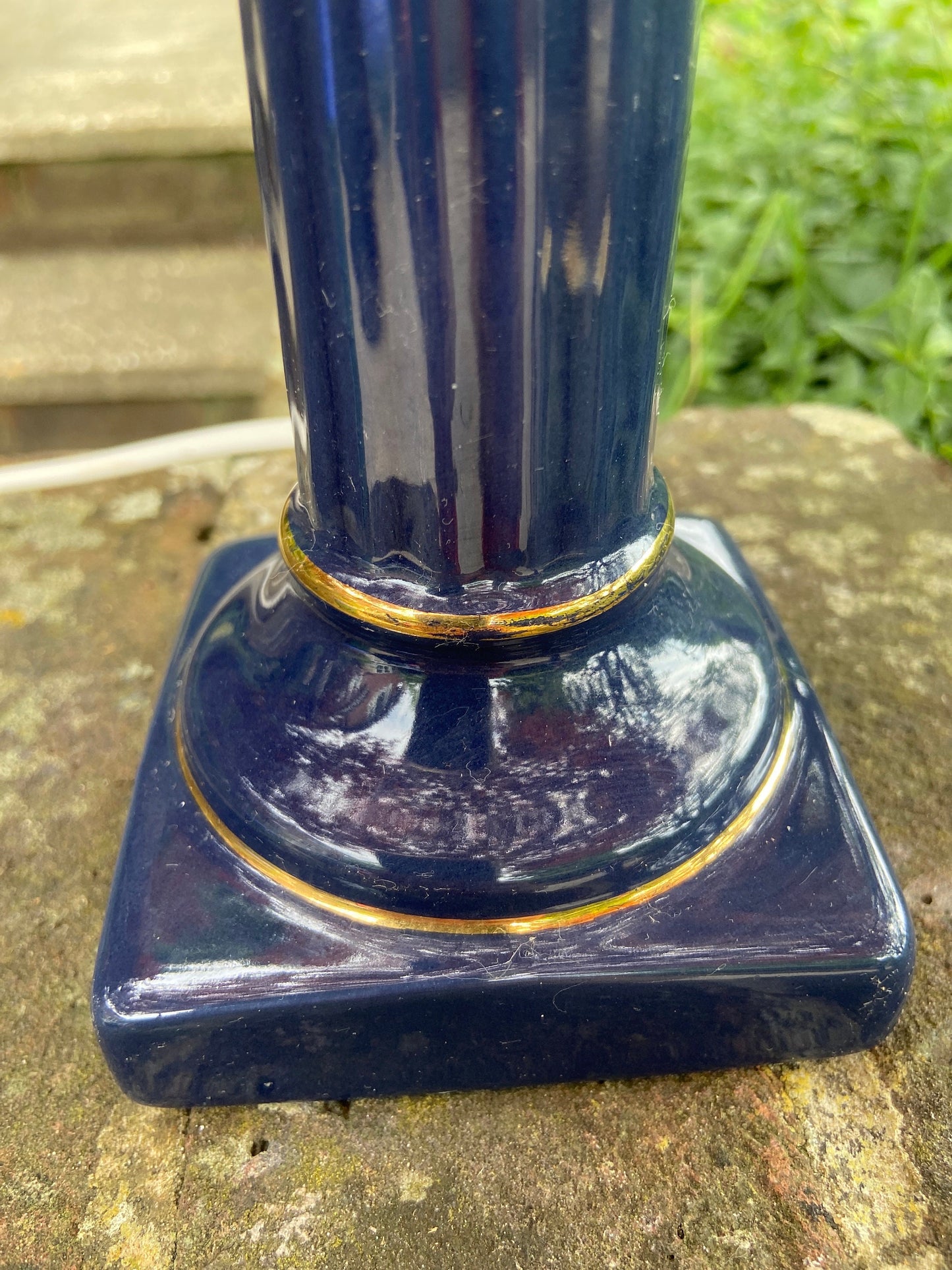 Classic 1990s vintage navy blue table lamp - blue and gold ceramic, working, candlestick holder style, stick lamp