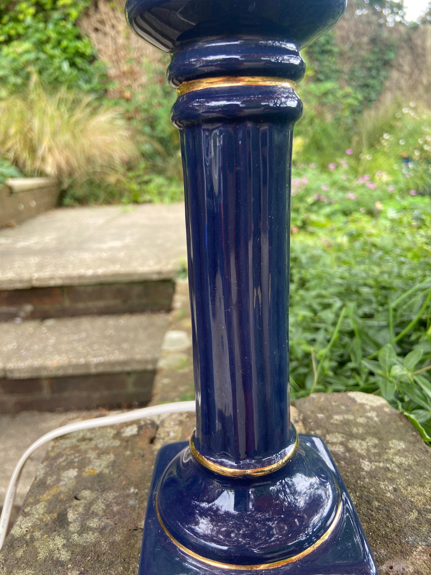 Classic 1990s vintage navy blue table lamp - blue and gold ceramic, working, candlestick holder style, stick lamp