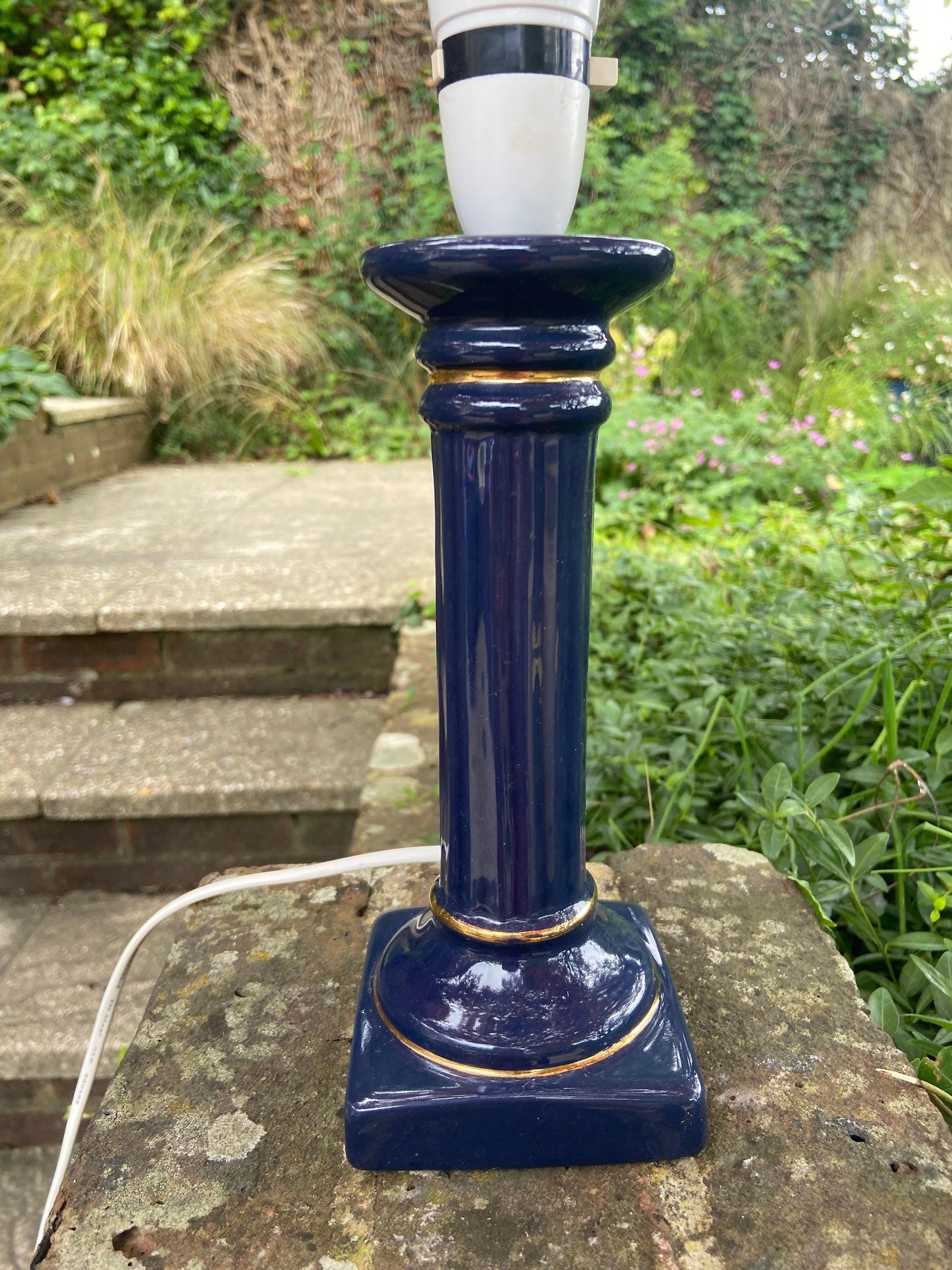 Classic 1990s vintage navy blue table lamp - blue and gold ceramic, working, candlestick holder style, stick lamp