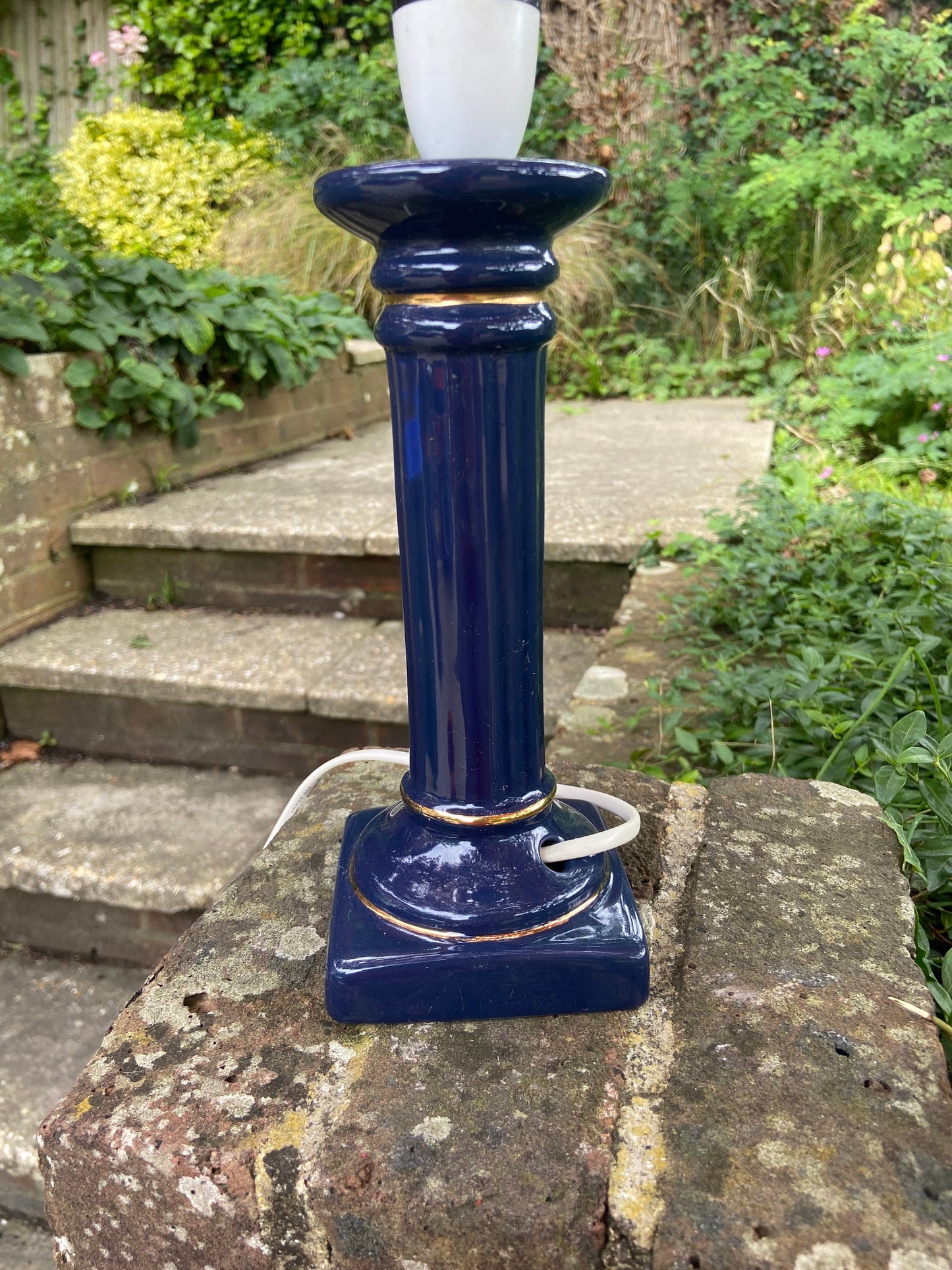 Classic 1990s vintage navy blue table lamp - blue and gold ceramic, working, candlestick holder style, stick lamp