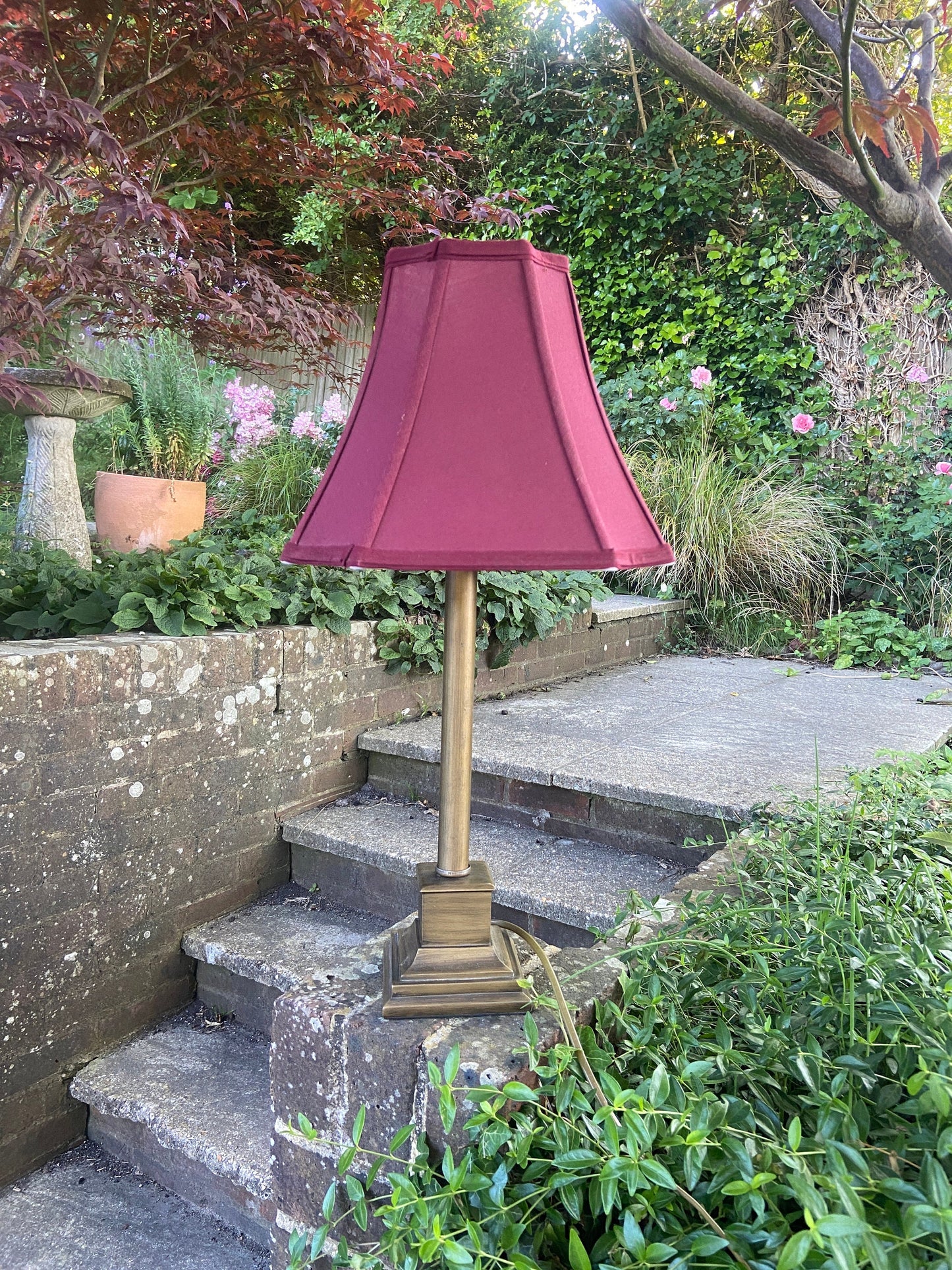 very tall vintage table lamp in antique bronze, antique brushed gold colour matching maroon red vintage shade in empire style shape working