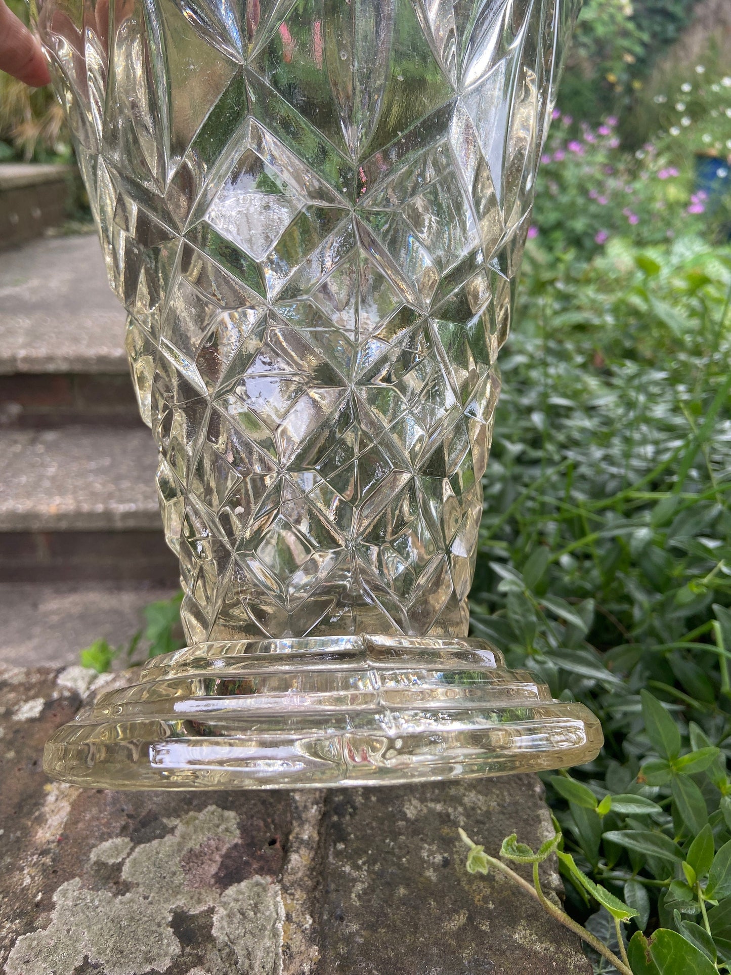 Large vintage pressed glass flower vase - attractive design, large flower vase, glass vintage vase
