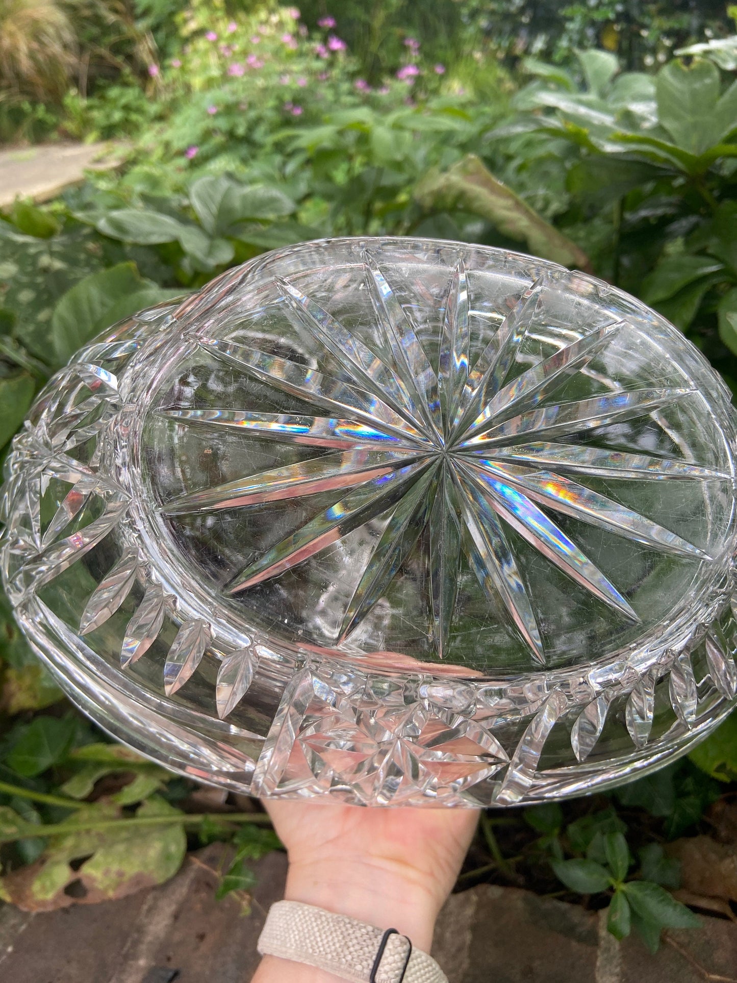 Vintage heavy crystal glass basket bowl - great for fruit, flowers, or a table display, good size, excellent condition