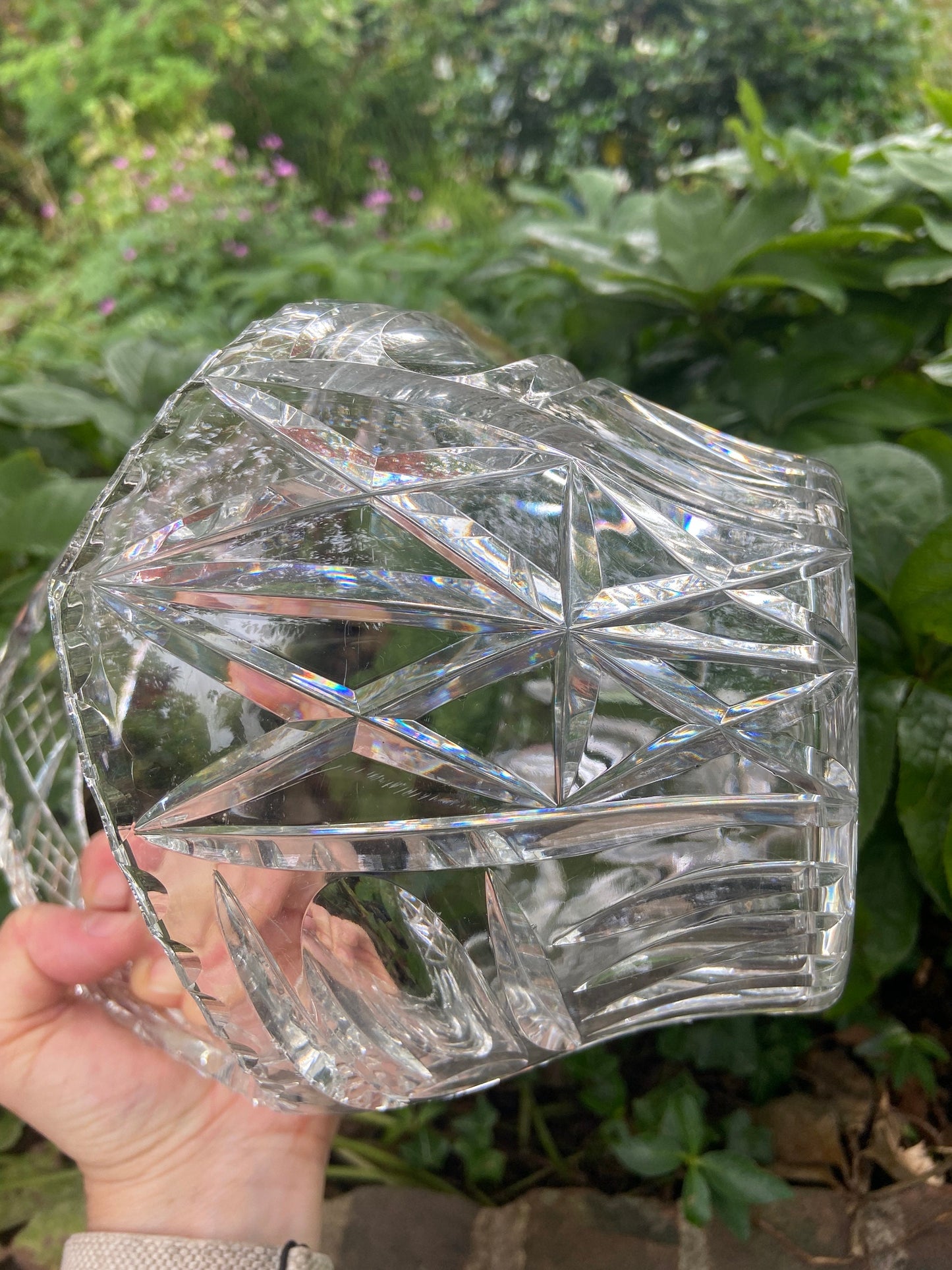 Vintage heavy crystal glass basket bowl - great for fruit, flowers, or a table display, good size, excellent condition