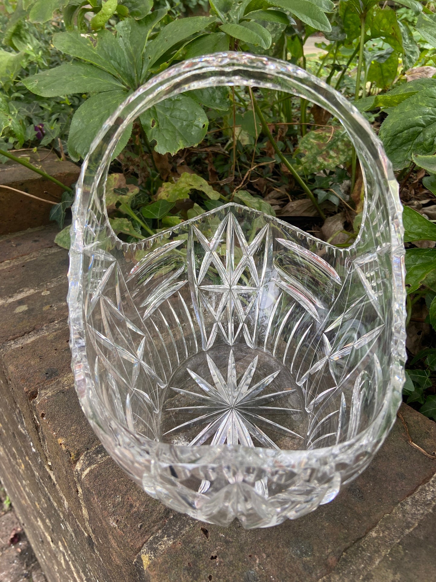 Vintage heavy crystal glass basket bowl - great for fruit, flowers, or a table display, good size, excellent condition