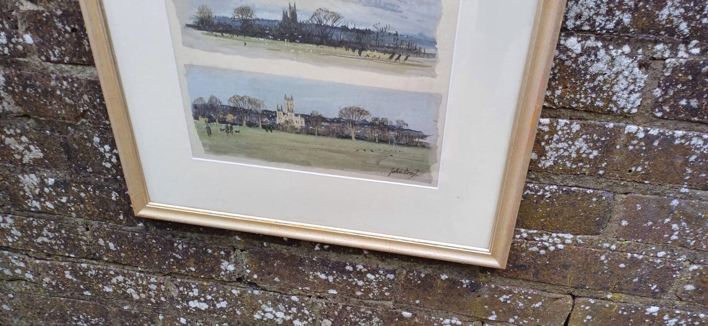 Vintage Canterbury Cathedral by day and night watercolour sketches by John Boyle in glazed vintage painted frame, trio of paintings