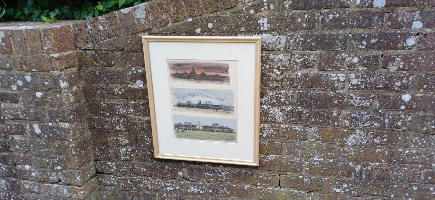 Vintage Canterbury Cathedral by day and night watercolour sketches by John Boyle in glazed vintage painted frame, trio of paintings