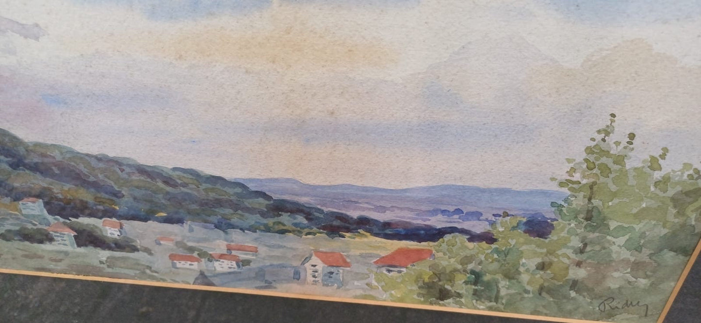 Vintage black gesso frame with a landscape watercolour painting, original vintage painting in vintage black glazed frame, early 1900s