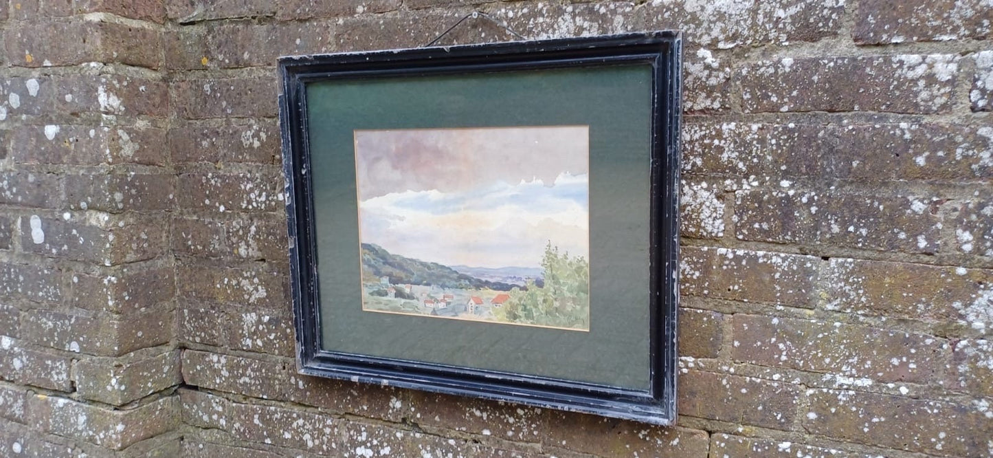 Vintage black gesso frame with a landscape watercolour painting, original vintage painting in vintage black glazed frame, early 1900s